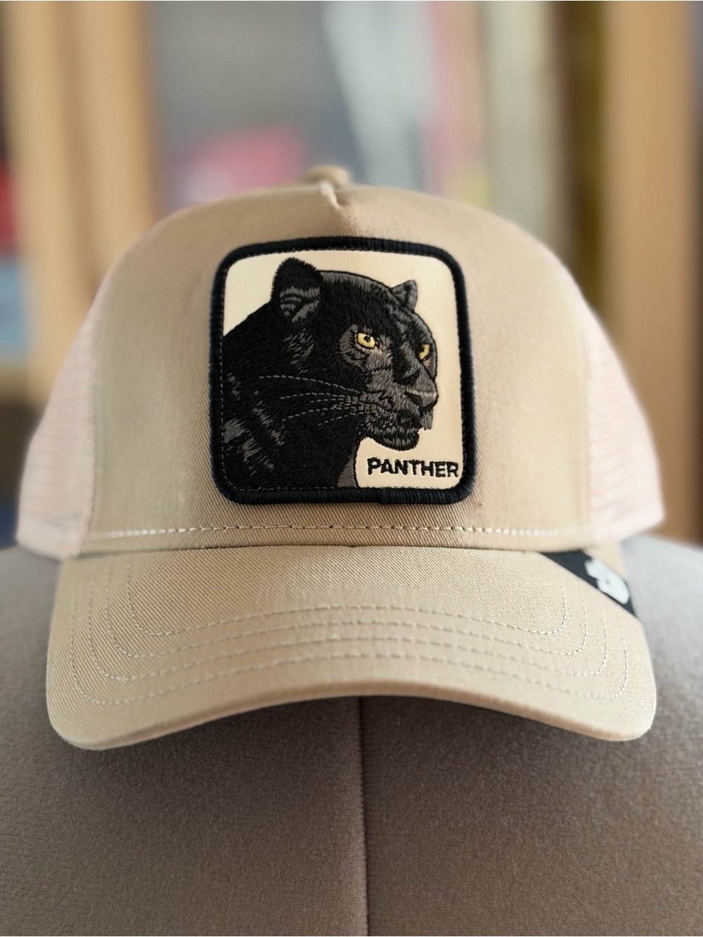 Goorin Bros Beige Trucker Cap with Black Panther Patch